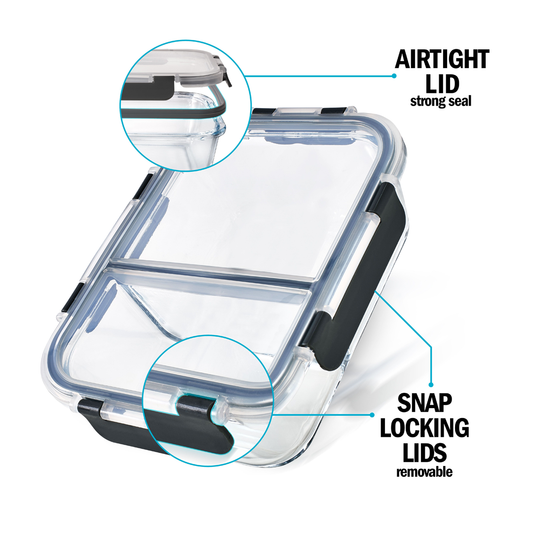 2-Compartment Glass Container with Airtight Lids - 980ml - 3 PACK